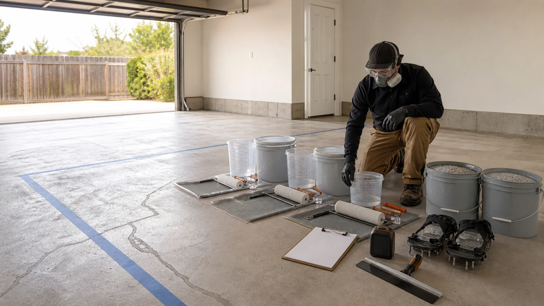 DIY installer in protective equipment beside measured batch stations on a prepared garage slab.