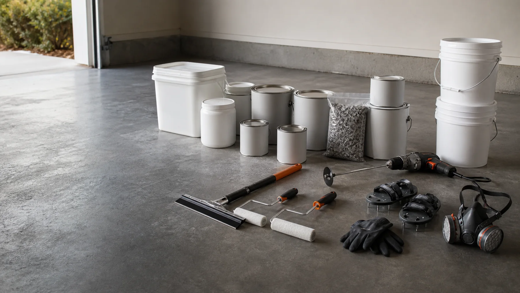 Unbranded garage floor coating components, tools, spike shoes, gloves, and respirator staged on concrete.