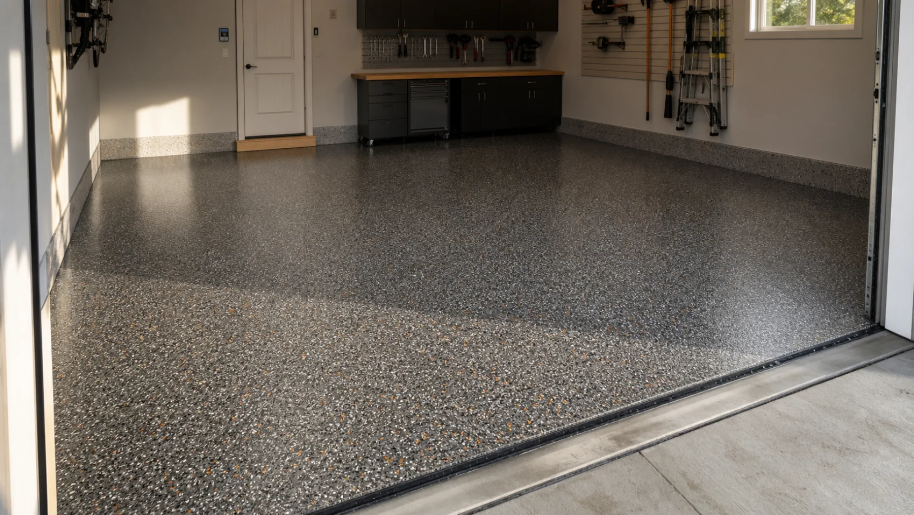 Finished charcoal, ivory, gray, and sparse orange full-broadcast flake floor in a practical residential garage.