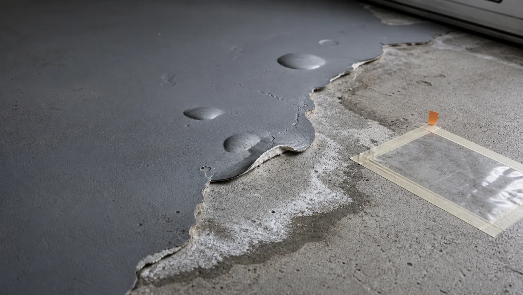 Blistered garage floor coating lifting from damp concrete with efflorescence beside a plastic-sheet moisture check.
