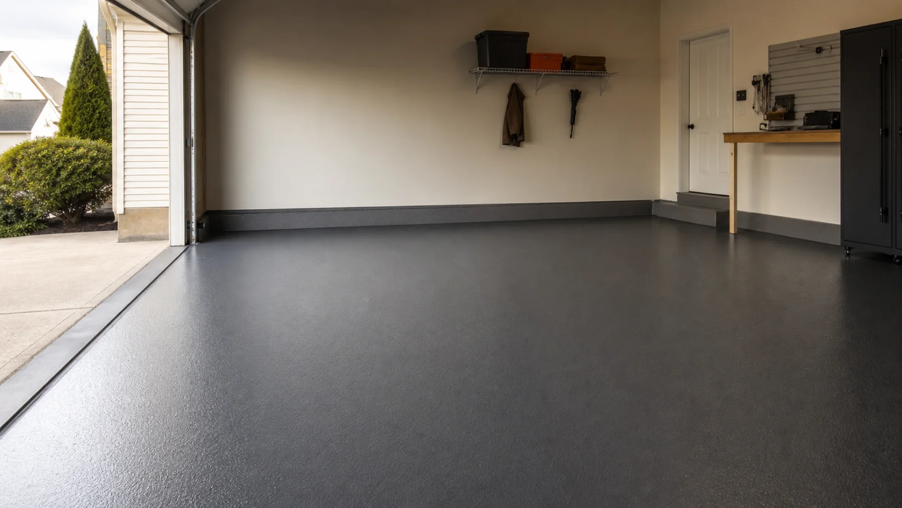 Finished medium-dark graphite solid-color coating in an ordinary two-car residential garage.