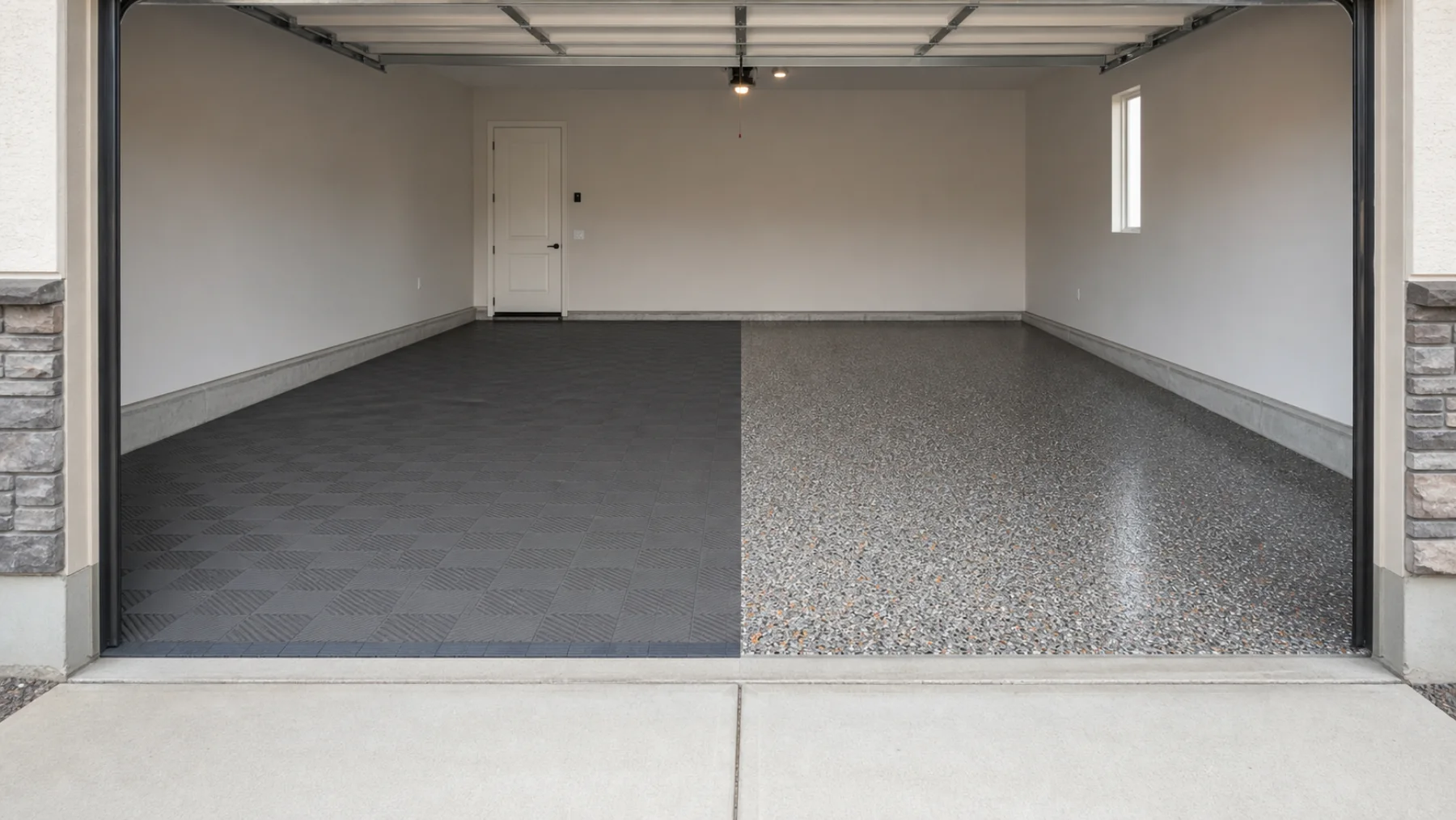 Two-car garage with graphite modular tile in one bay and seamless charcoal flake coating in the other.